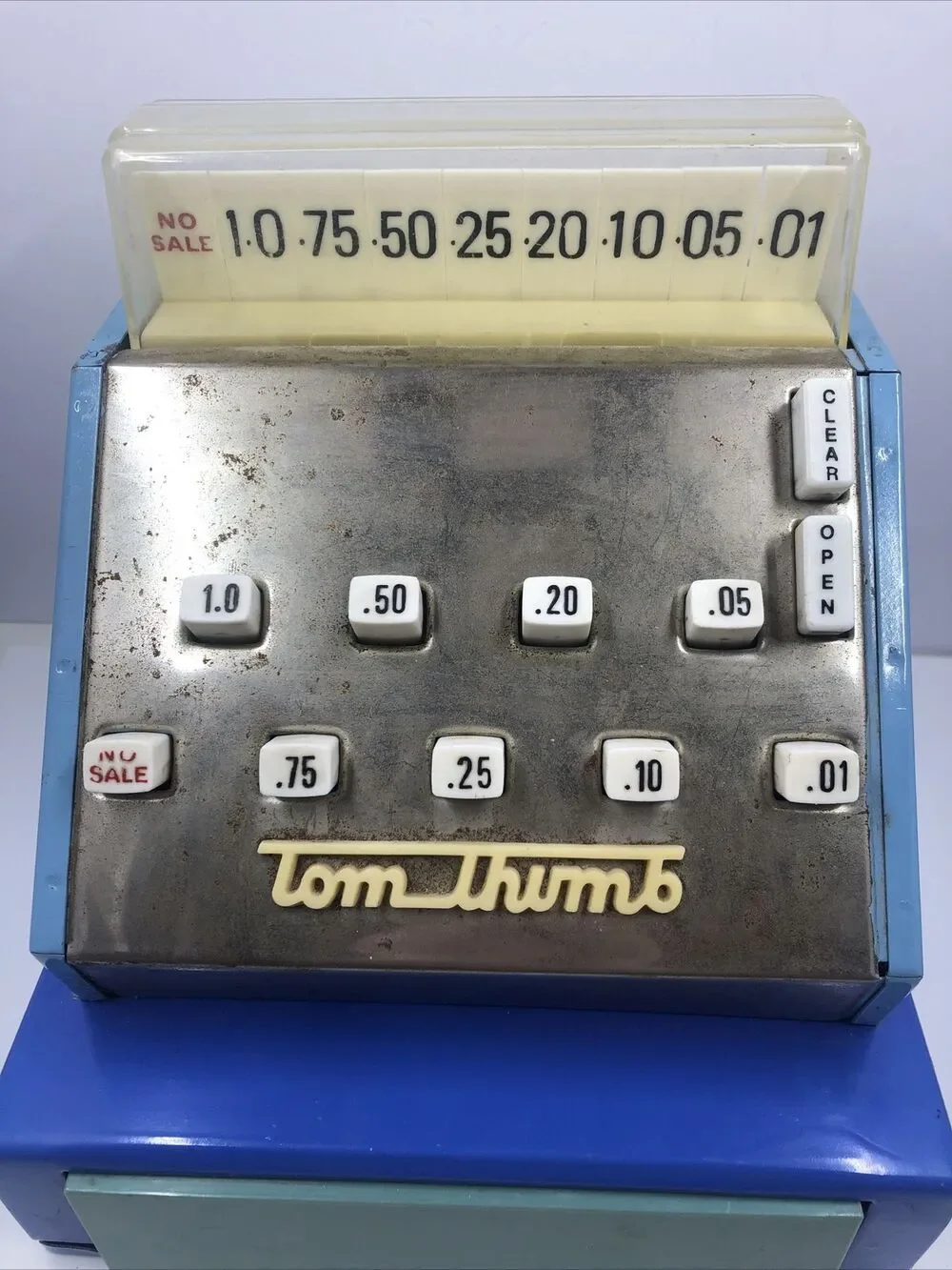 Vintage Blue Tom Thumb Toy Cash Register  Made in England- Works. US Pat￼￼